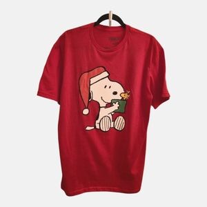 Peanuts Christmas Snoopy as Santa with Woodstock T-shirt Festive Red Sz Lrg